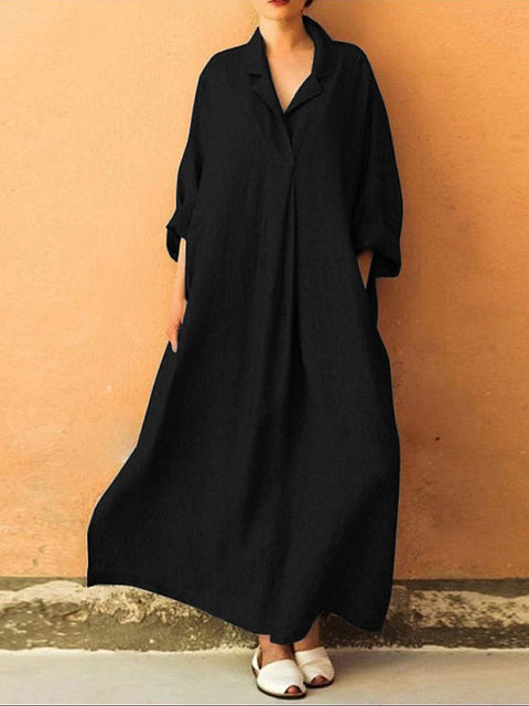 Women's Stylish Casual Loose Long Sleeve Solid Color Cotton And Linen Long Dress