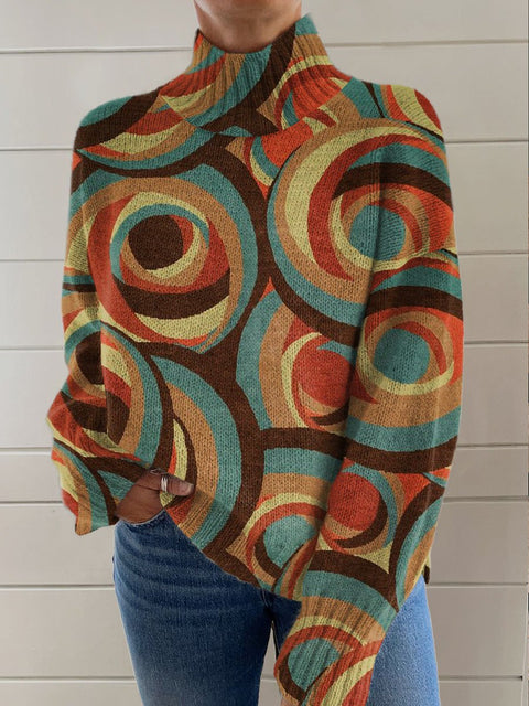 Abstract Geometric Art Print Knit Turtleneck Pullover Sweater