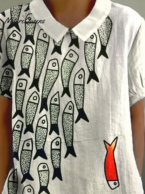 Be The Unique Fish Art Printed Women's Casual Cotton And Linen Shirt