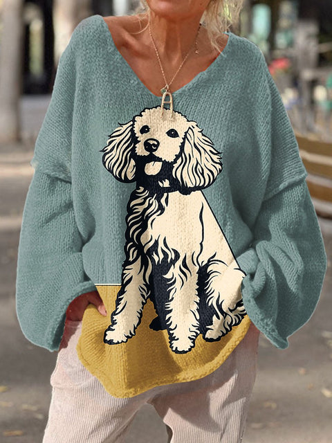 Women's Dog Art Print  Casual Pullover Sweater