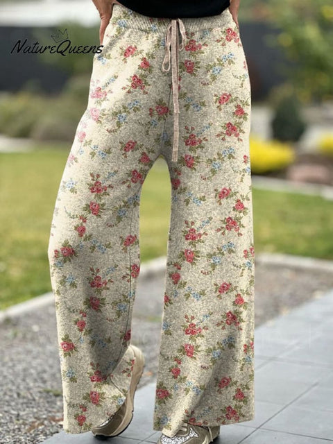 Lovely Small Rose Repeat Pattern Printed Women's Comfortable Knitted Trousers