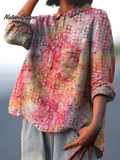 Abstract Geometric Pattern Printed Women's Casual Cotton And Linen Shirt