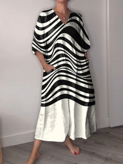 Abstract Geometric Wave Art Printed Women's Pocket V-Neck Cotton Dress