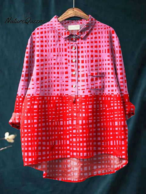 Women's Abstract Vibrant Bold Fun Colorful Geometric Stripes Art Print Casual Cotton And Linen Shirt