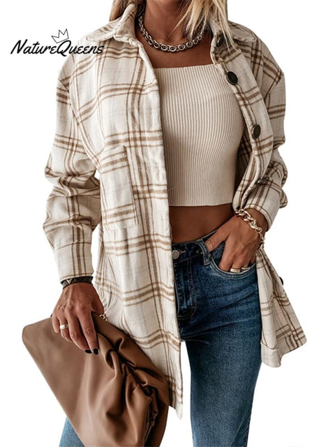 Women's Autumn and Winter Loose Mid-length Plaid Woolen Jacket