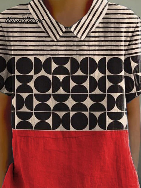 Artistry Geometric Pattern Printed Women's Casual Cotton And Linen Shirt