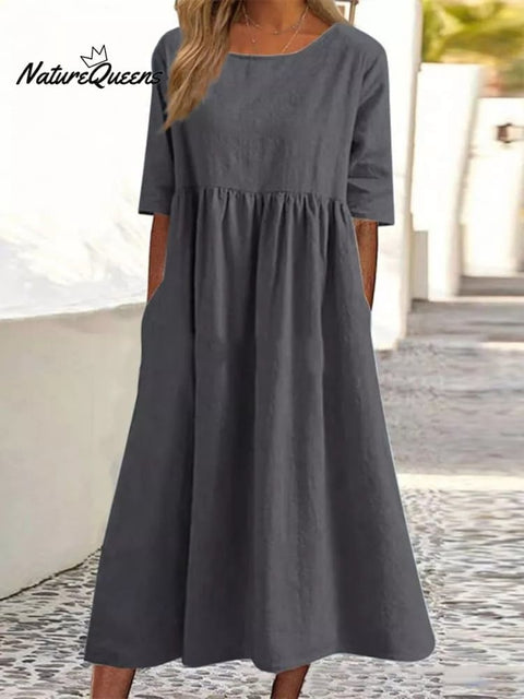 5 - Quarter Sleeve Casual Loose Solid Color Cotton And Linen Dress Grey / S