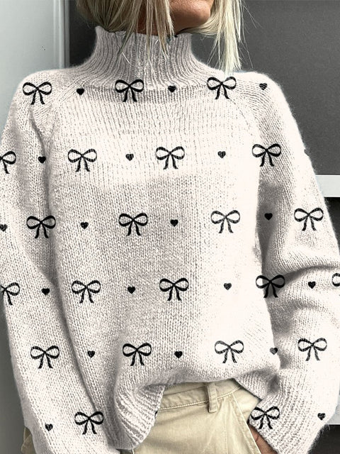 Black and White Minimalist Bow Print Knit Turtleneck Pullover Sweater