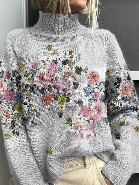 Women's Lovely Floral Art Print Knit Turtleneck Pullover Sweater