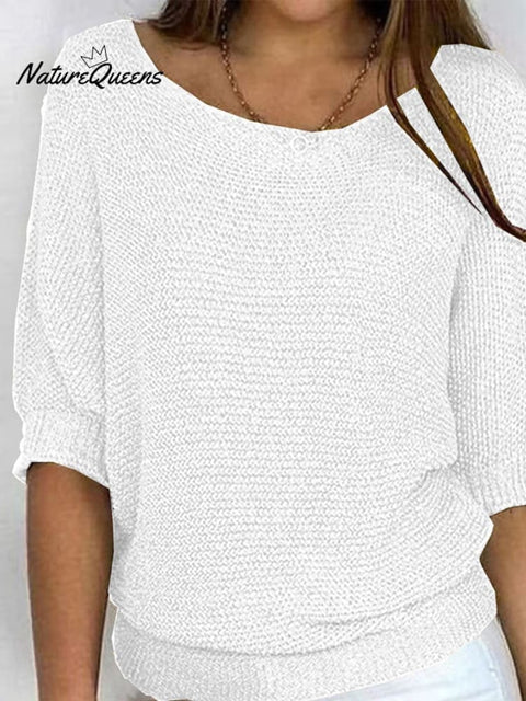 Solid Color Round Neck Three-quarter Sleeve Knitted Sweater