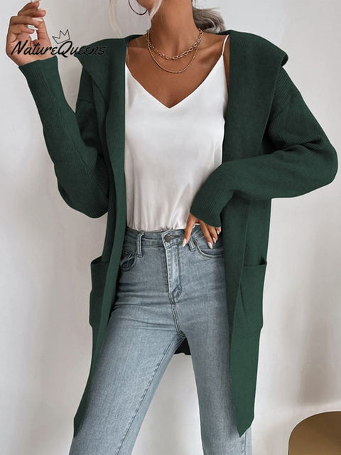 Autumn and Winter Women's Hooded Pit Knitted Sweater Cardigan Jacket