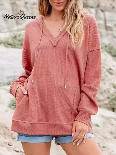 Women's V-neck Waffle Solid Color Long-sleeved Hooded Sweatshirt