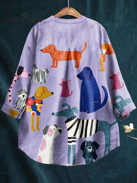 Women's Dog  Art Print Casual Cotton And Linen Shirt