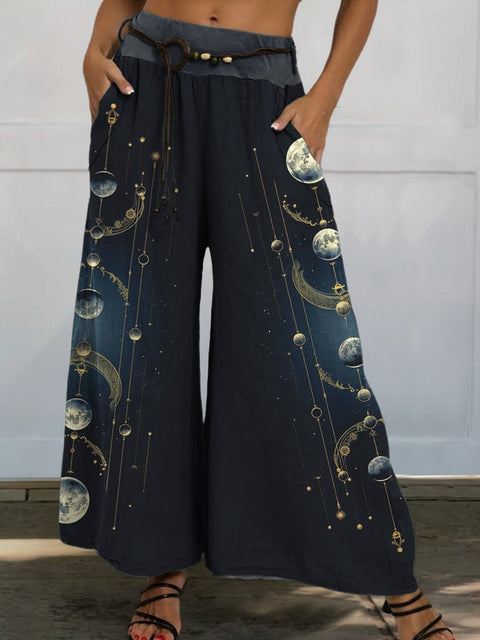 Mysterious Crecent Moon Art Printed Women's Cotton And Linen Casual Wide-Leg Pants
