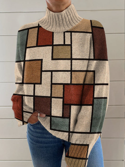 Abstract Art Deco Lines and Rectangles Decorative Pattern Knit Turtleneck Pullover Sweater