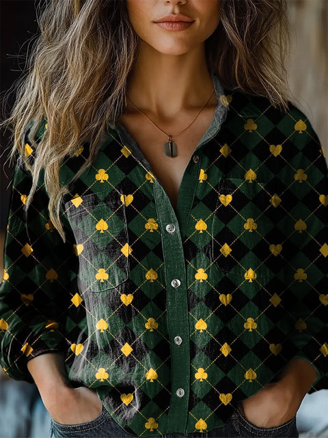 Geometric Poker Card Pattern Printed Women's Casual Long Sleeve Comfortable Cotton Shirt