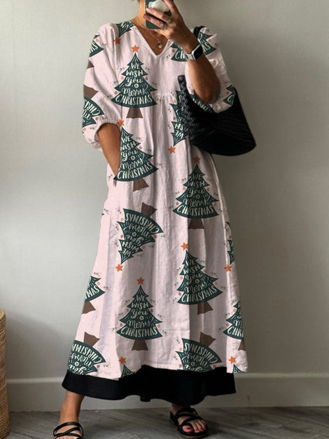 Women's Pink Christmas Tree Print Pocket V-neck Cotton Dress
