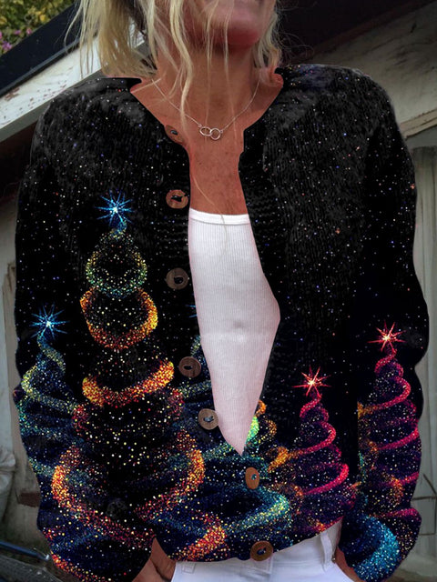 Glitter Christmas Art Print Buttoned Cardigan Sweater