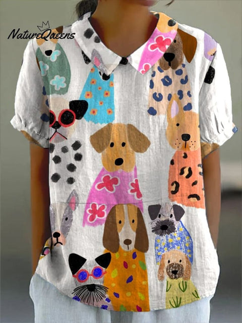 Women's Colorful Cartoon Puppy Print Casual Cotton And Linen Shirt