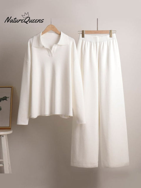 Women's Knitted Polo Collar Sweater And Knitted Wide Leg Pants Two-Piece Set Outfit