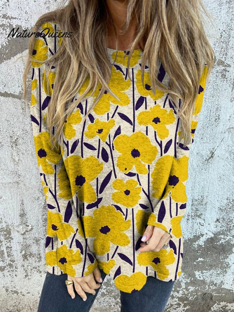 Yellow Summer Floral Pattern Printed Women's Button Back Casual Knitted Shirt