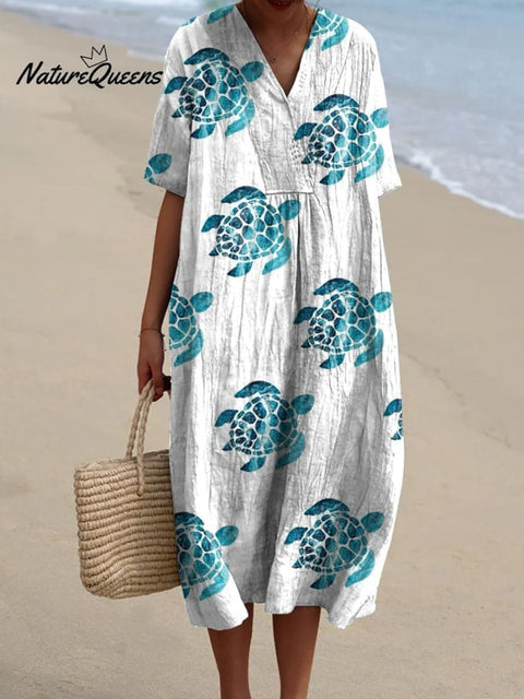 Lovely Summer Vacation Watercolor Sea Turtle Pattern Printed Women's Flowy Dress