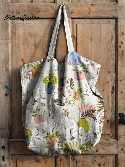 Lovely Dogs Floral Art Print Casual Linen Tote Bag