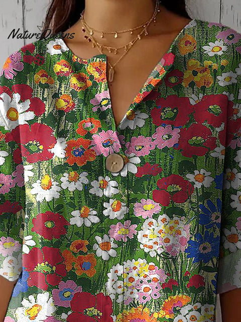 Colorful Summer Garden Pattern Printed Women's Casual Cotton Linen Shirt