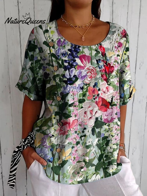 Oil Painting Floral Bush Printed Women's Casual Cotton Shirt