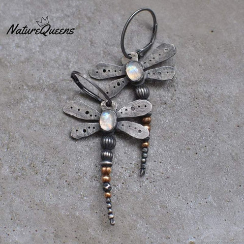 Round Moonstone Dragonfly Earrings