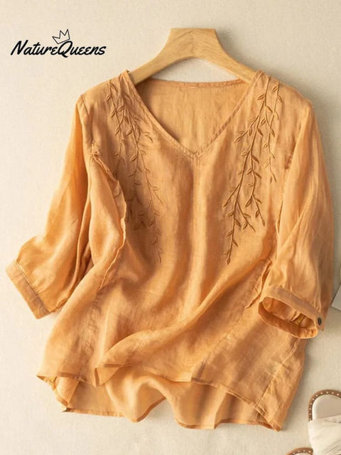 Embroidery Cotton And Linen Mid Sleeve Blouse
