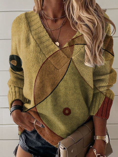 Retro  Art Print Knit V-neck Pullover Sweater