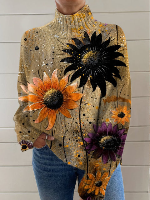 Floral Retro Print Knit Turtleneck Pullover Sweater