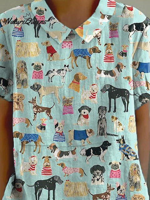 Lovely Puppy Dogs Pattern Printed Women's Casual Cotton And Linen Shirt