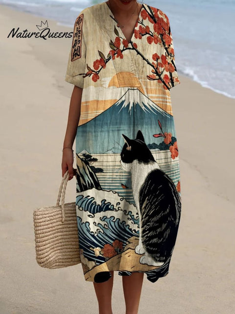 Japanese Painting Black and White Cat Looking At The Sea and Mount Fuji Decorative Pattern Flowy Dress
