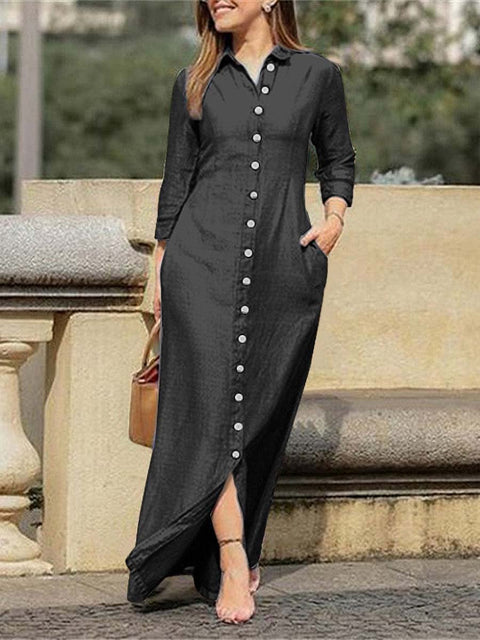 Women's Solid Color Loose Elegant Casual Lapel Long Sleeve Cotton Long Shirt Dress