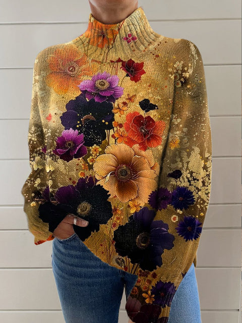 Golden Flowers Print Knit Turtleneck Pullover Sweater