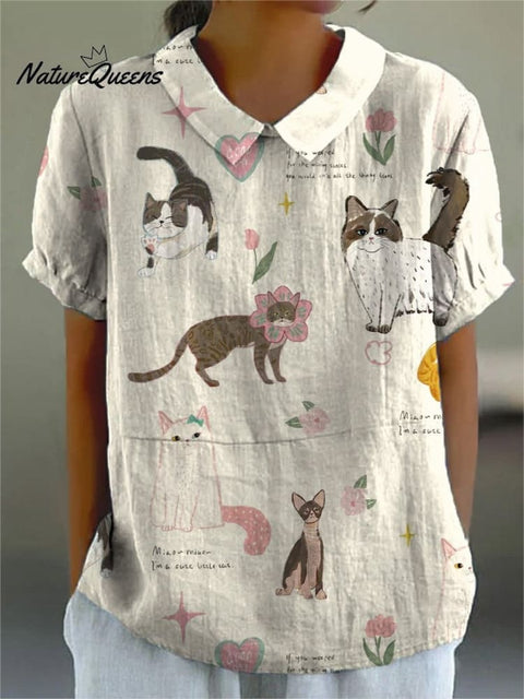Women's Cute Kitten Floral Print Casual Cotton and Linen Shirt