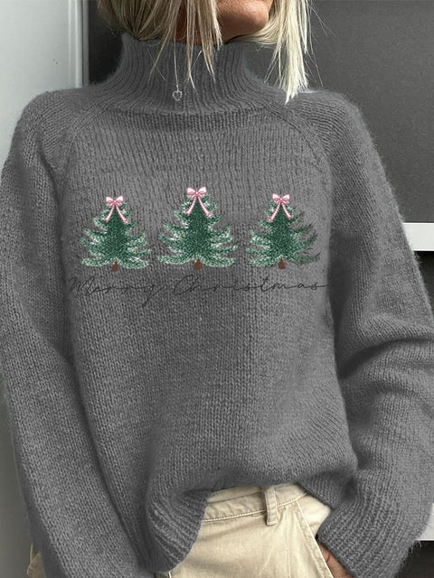Embroidery Christmas Art Print Knit Turtleneck Pullover Sweater