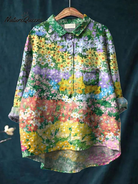 Blooming Summer Floral Field Pattern Printed Women's Casual Cotton And Linen Shirt