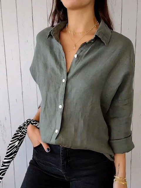 Women's Stylish Lapel Fashion Solid Color Button Long Sleeve Casual Shirt