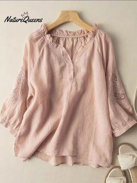 Embroidery Flower Cotton And Linen V-Neck Seventh Sleeve Blouse