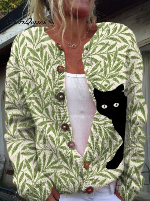 Black Cat In Leaves Art Print Buttoned Cardigan Sweater
