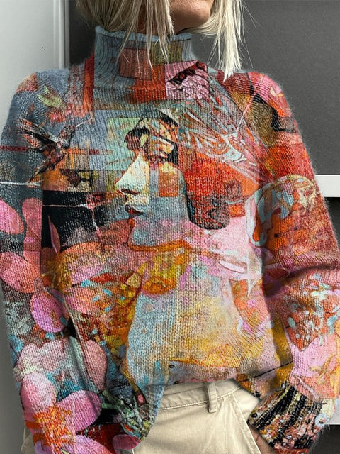Abstract Beauty Flowers Print Knit Turtleneck Pullover Sweater