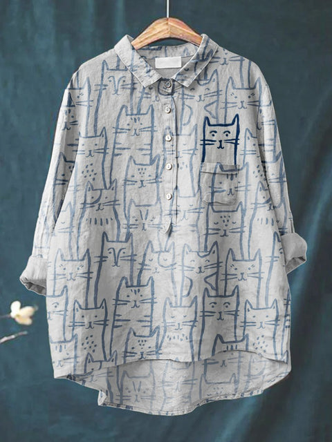 A bunch of cute kittens Women's  Print Casual Cotton And Linen Shirt