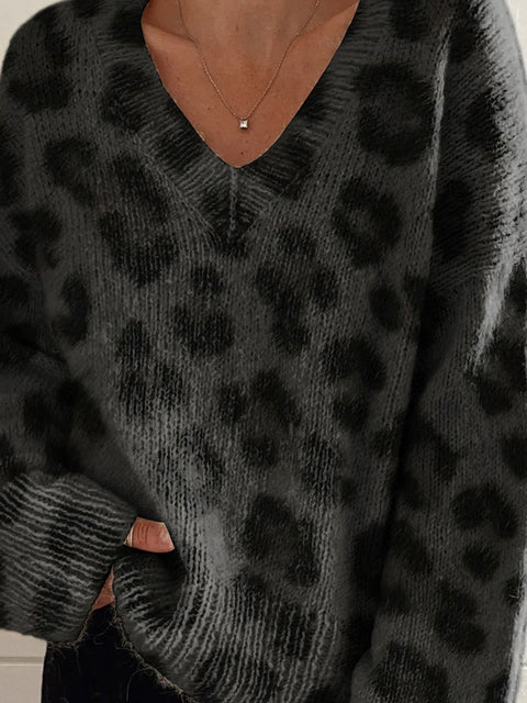 Black And Gray Leopard Print Pattern Printed Women's Casual V-Neck Pullover Knit