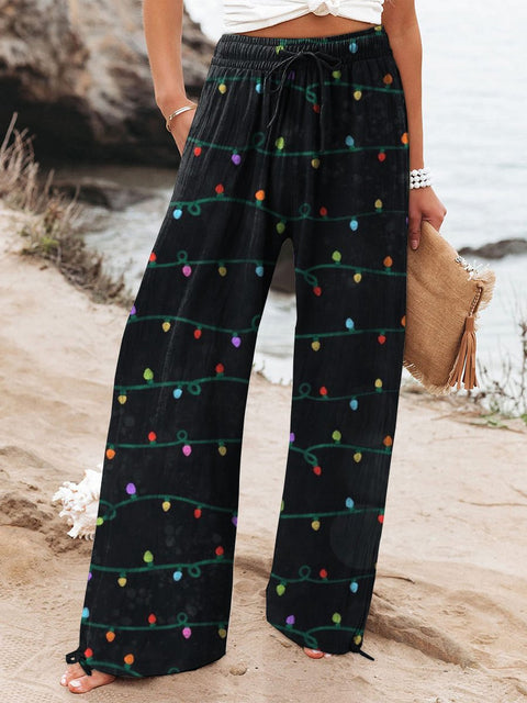 Christmas Light Pattern Printed Women's Cotton And Linen Casual Pants