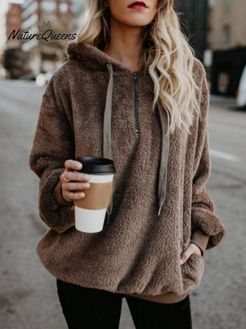 Plush Women's Long Sleeve Hooded Loose Sweatshirt and Fleece Jacket