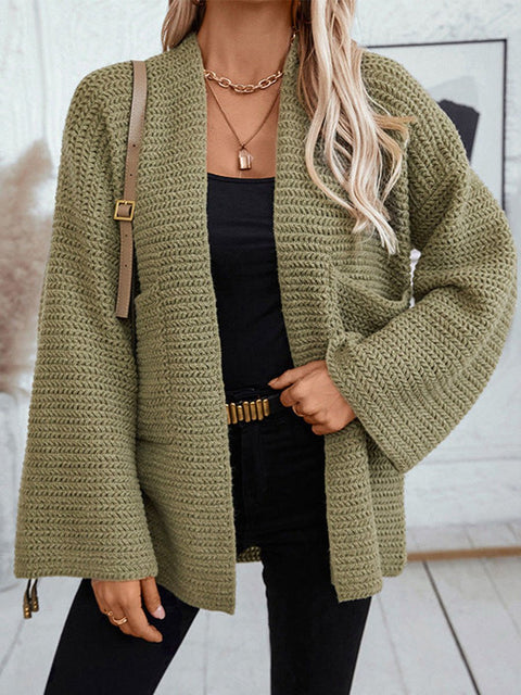 Women's Retro Mid-length V-neck Solid Color Cardigan Sweater Knitted Sweater