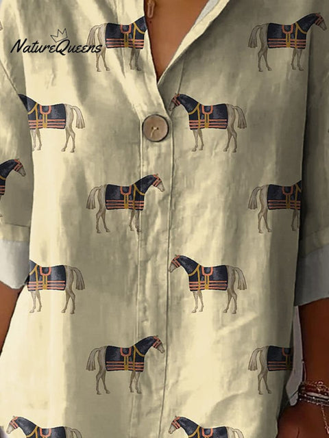 Horse Repeat Pattern Printed Women's Casual Cotton Linen Shirt